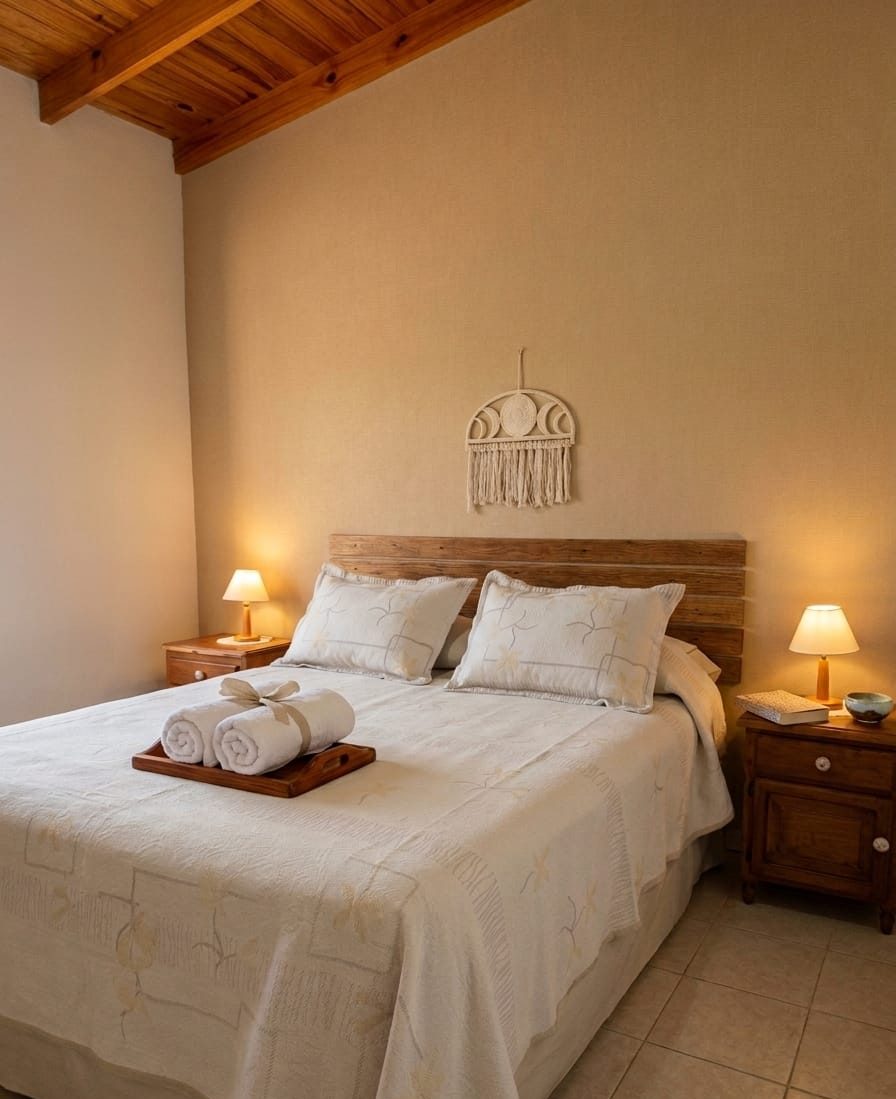 Dormitorio con cama queen size y dos veladores