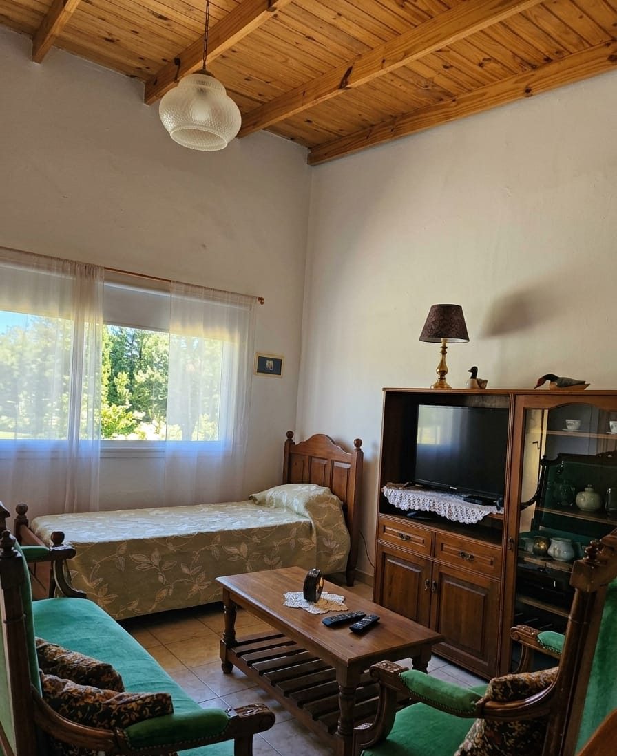El estar con cama, TV y sillones