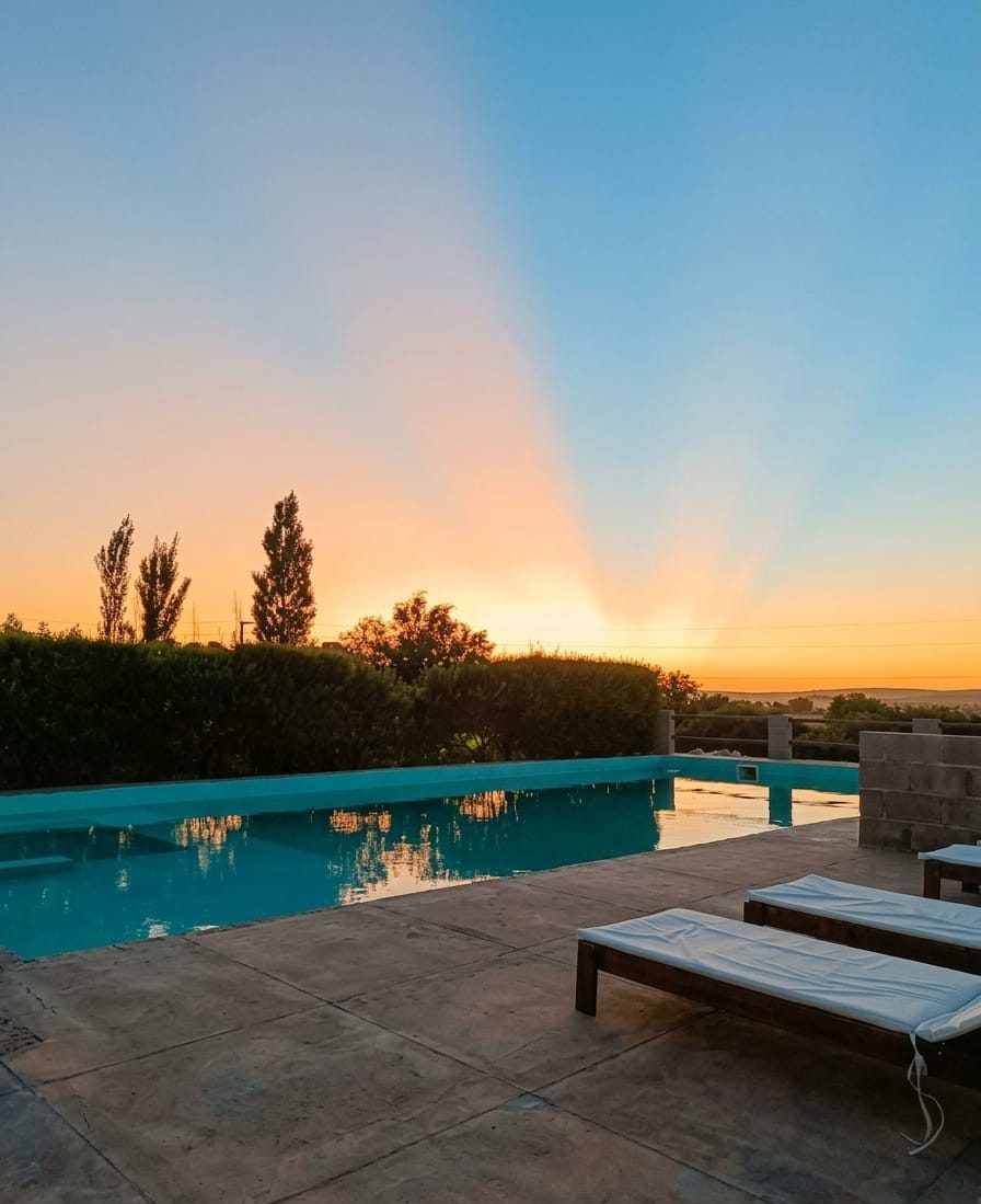 La piscina con el sol cayendo
